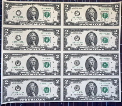 Series 2013 - 8 x $2 Dollar Bills Uncut Sheet, Philadelphia Federal Reserve - FW - Image 1 of 4