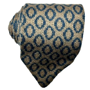 VTG R Meledandri Mens 100% Cashmere Necktie Geometric Ovals Beige Blue Knit Tie - Picture 1 of 17