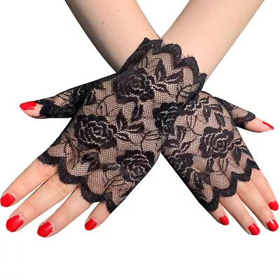 New Women Steampunk Gothic Fancy Dress Mesh Lace Stretch Fingerless Short Gloves - Image 1 of 4