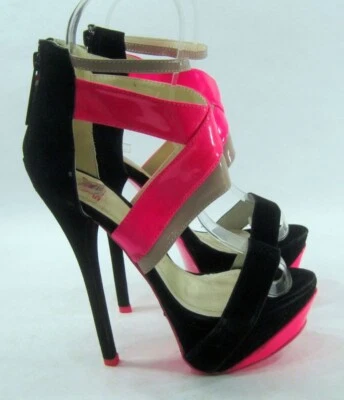 Negro/Rosa 6" Tacón de Agujero Puntera PEEP ZAPATOS MUJER Talla 6 Foto 1 de 4