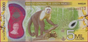COSTA RICA 5,000 COLONES 2018 AU MANGROVE SWAMP,FLOWERS,CRAB,AND MONKEY,PORTRAIT - Picture 1 of 2
