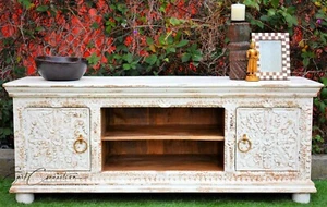 Rustic White Carved Shabby Chic French Country TV Stand Entertainment Unit - Picture 1 of 8