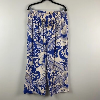 Pantalones Haute Hippie Pierna Ancha Recortados Mezcla de Lino Talla XL Azul Blanco Floral Foto 1 de 4