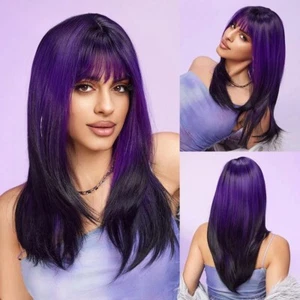 Rock the look with our Ombre Black Purple Layered Long Straight Synthetic Wig - Picture 1 of 11