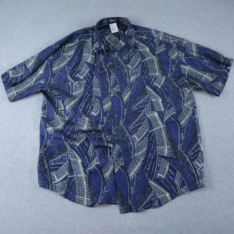 Impact Shirt Mens Large Silk Casual Party Button Up Blue Patterned Short Sleeve - Image 1 of 4