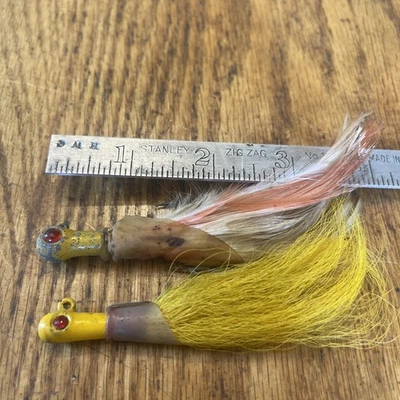 Pair Of Glass Eyed Lead Jigs With Bucktails Feathers - Image 1 of 4