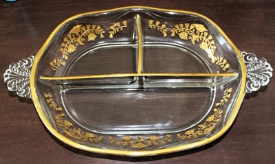 Rare! FOSTORIA DIVIDED 3-PART ETCHED GLASS RELISH DISH 1938 RICHELIEU PATTERN - Image 1 of 4