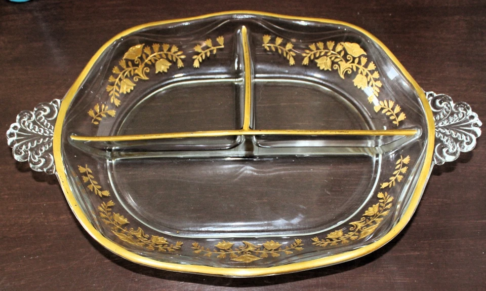 Rare! FOSTORIA DIVIDED 3-PART ETCHED GLASS RELISH DISH 1938 RICHELIEU PATTERN - Image 1 of 4