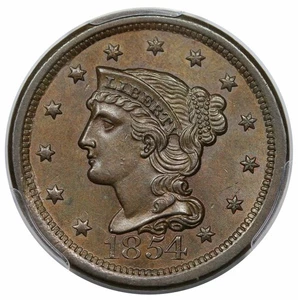 Centavo grande cabello trenzado 1854, N-23, graduación profesional MS63BN - Imagen 1 de 3
