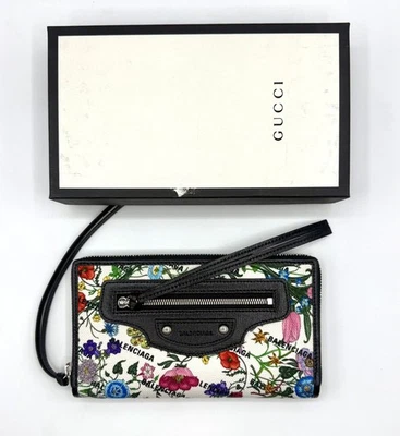 Cartera Gucci x Balenciaga Beige Negro Lona Cuero Floral Cremallera Alrededor 681710-1 Foto 1 de 4
