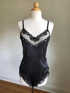 STUNNING VTG ASHLEY TAYLOR Black Nylon & Lace Teddy Romper Bodysuit Lingerie M - Picture 1 of 13