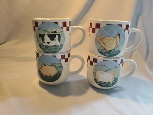 Tienshan Stoneware Folk Art Coffee Tea Mugs Set Of 4 Pig Cow Hen Sheep - Picture 1 of 4