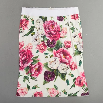 DOLCE GABBANA white red floral print silk lined elastic knee skirt IT48 XXL - Image 1 of 4
