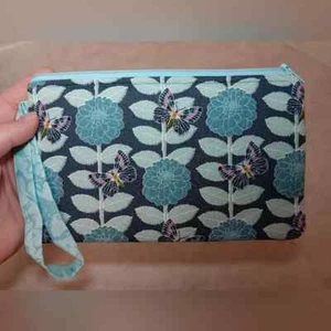 Stitched Hand Purse Wrist Strap ADORABLE Print Butterflies and Blue Dahlia NWOT - Picture 1 of 12