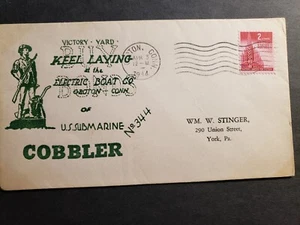 Submarine USS COBBLER SS-344 Naval Cover 1944 WWII KEEL LAID Cachet Groton, CT - Picture 1 of 2