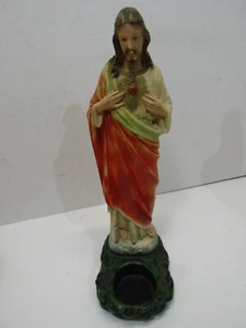 OLD CHALKWARE RELIGIOUS SACRED HEART JESUS OPEN HEART STATUE CANDLE HOLDER 13" - Picture 1 of 5