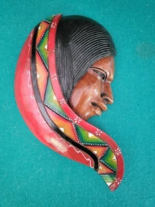 Vintage Peruvian Inca Quechua Hand Carved Hand Painted Female Head Wall Art - Picture 1 of 6