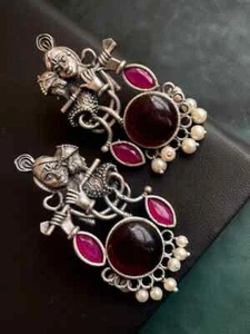 Indian ethnic oxidised silver tone radha krishna statement pearl ascents earring - Picture 1 of 3