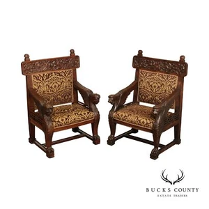 Antique Italian Renaissance Style Pair of Carved Oak Armchairs - Picture 1 of 12