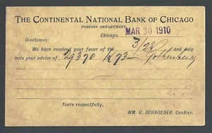 1910 Continental National Bank Sends Money Notice Chicago IL - Picture 1 of 1