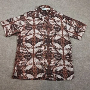 Caribbean Mens Medium Camp Shirt Silk Floral Brown Geometric Short Sleeve - Picture 1 of 15