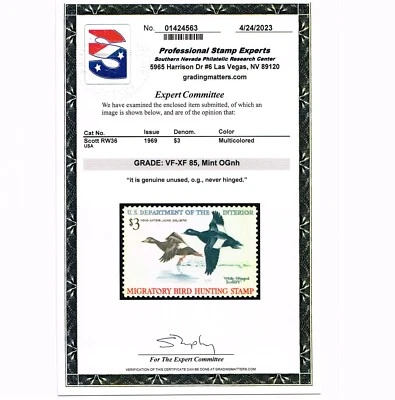 EXCEPTIONAL SCOTT #RW36 MINT PRISTNE OG NH PSE CERT GRADED VF-XF 85 #20249 - Image 1 of 3