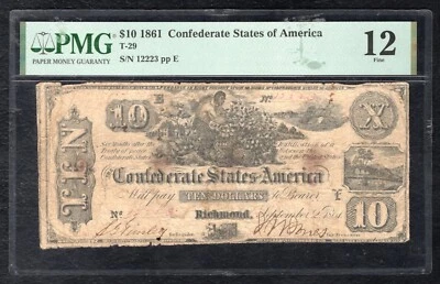 T-29 1861 $10 CSA CONFEDERATE STATES OF AMERICA CURRENCY NOT PMG FINE-12 - Image 1 of 2