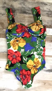 Vtg Bathing Suit One Piece Floral Bright Hawaiian Sz 14 Sirena Crowleys NWT - Picture 1 of 12
