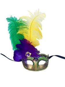 Purple Green Gold Venetian Mask Feather Masquerade Mardi Gras 12" New - Picture 1 of 1