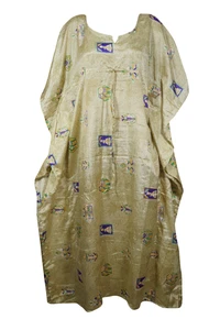 Beige Maxi Kaftan Dress Printed Kimono Recycle Summer Beach Cover up Caftan XL