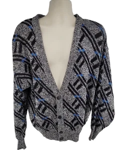 Barnaby Vintage Cardigan Knit Sweater XL Geometric Black Gray Blue Button Up - Picture 1 of 8