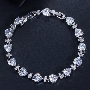 14Ct Heart Cut Lab Created Diamond Women's Bracelet 14K White Gold Plated Silver - Picture 1 of 7