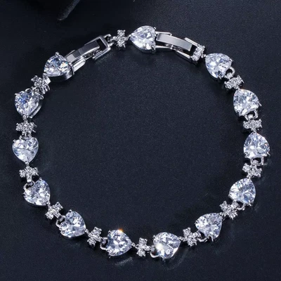 14Ct Heart Cut Lab Created Diamond Women's Bracelet 14K White Gold Plated Silver - Image 1 of 4