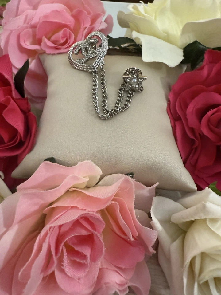 Chanel Authentic  Heart Rhinestone Brooch With Curtain Chain With Star Silver - Image 1 of 4