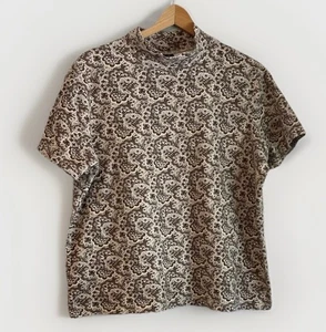 Lands' End Damen XL Vintage braun Blumen Herbst Kurzarm Mock Rollkragen Oberteil - Bild 1 von 4