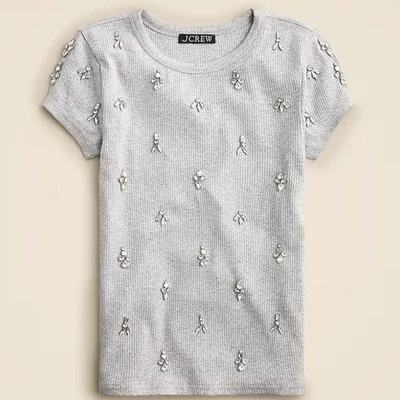 J.Crew Embellished Vintage Rib Shrunken T-Shirt WMNS 2XS Heather Gray Crew Neck - Image 1 of 4