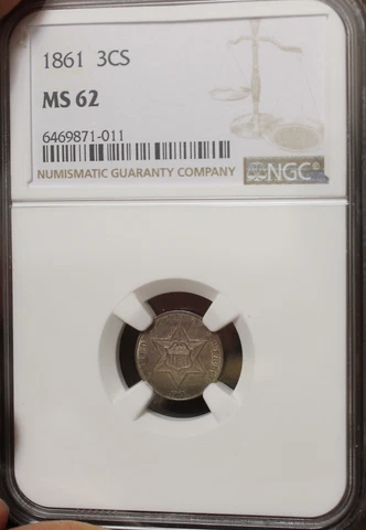 1861 Three 3 Cent Silver NGC MS 62.................Lot 8411 Cover