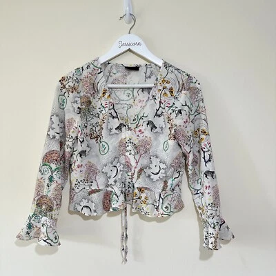 Topshop Leopard and Floral Print Ruched Crop Top Blouse Size 10 Petite - Image 1 of 4