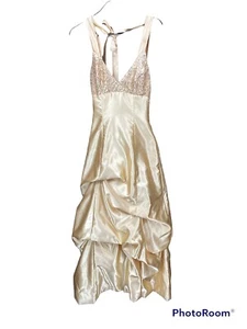 80er Jessica McClintock Gunne Sax Neckholder Top Satin Abschlussball formelles Kleid Gr. 3 Gold - Bild 1 von 11