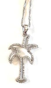 Sterling Silver 925 Stunning Rhinestone Palm Tree Pendant 20" Sterling Necklace - Picture 1 of 9