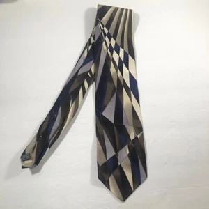 Fratelli Geometric Hand Made Silk Tie Italy Blues Tan - Picture 1 of 5