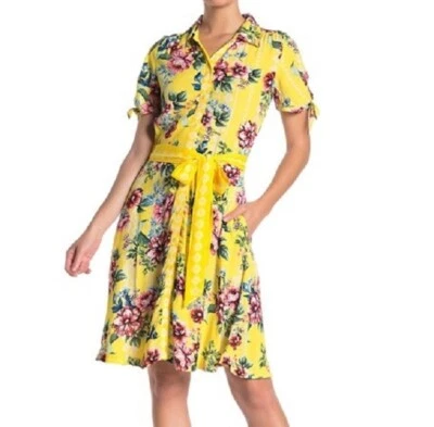 Vestido camisa ECI feminino 14 amarelo vários bolsos florais colarinho com botões novo com etiquetas - Imagem 1 de 4