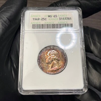 MS65 1949 25C Washington Silver Quarter, ANACS Soapbox- Pretty Rainbow Toned - Image 1 of 4