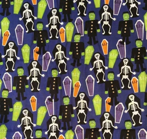 Halloween Blue Cotton Fabric Skeletons Monsters Tombstones RIP 51”x42” -1 yd 15” - Picture 1 of 3