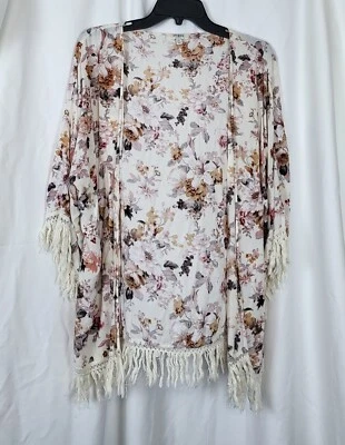Umgee Boho White Floral Fringe Open Front Romantic Kimono boho Jacket Size M/L - Image 1 of 4