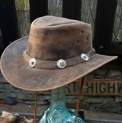 ULURU S M L Choncha braun brauner Leder Hut old Grey Men used look Australien