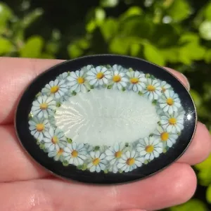 Antique Art Nouveau Guilloche Enamel Daisy Flower 935 Sterling Silver Brooch Pin - Picture 1 of 14