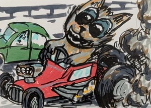 ACEO Cat Painting Original Car Play Contemporary Folk Art By Josh Merritt - Picture 1 of 1