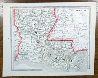 Vintage 1883 LOUISIANA Mapa 13"x11" Antigo Original NOVO ORLEANS BATON ROUGE - Imagem 1 de 4