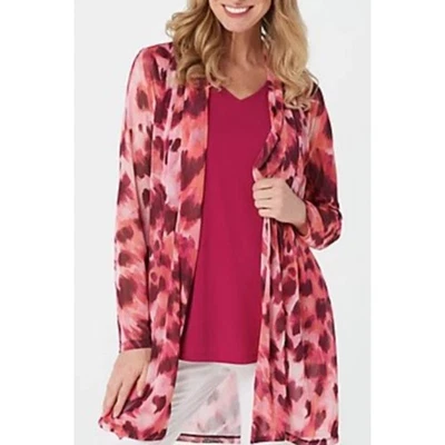 Nuevo con etiquetas Cárdigan Plumero Susan Graver Rosa Ombre Estampado Animal Malla Frente Abierto Solo 2X Foto 1 de 4